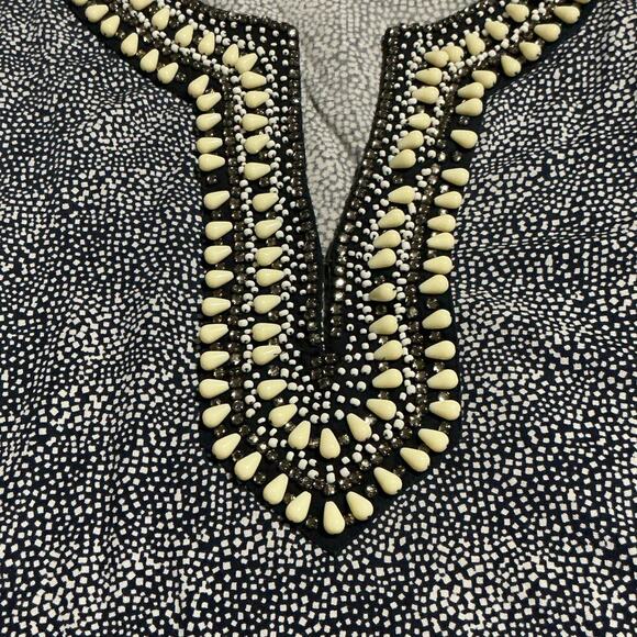 Tory Burch XL Navy White Silk Embellished Tunic Blouse Rhinestone Beaded - Picture 2 of 7
